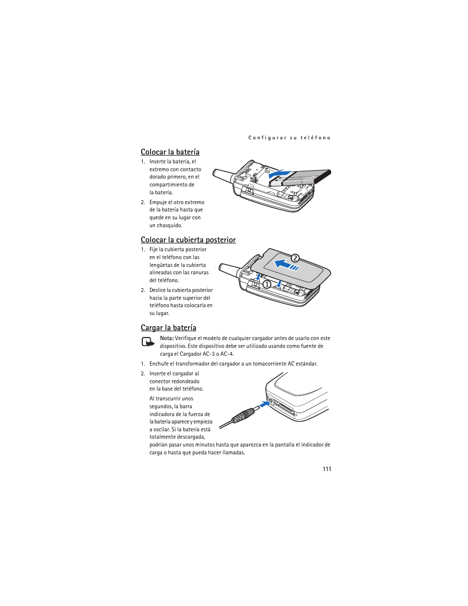 Colocar la batería, Colocar la cubierta posterior, Cargar la batería | Nokia 3155i User Manual | Page 112 / 201