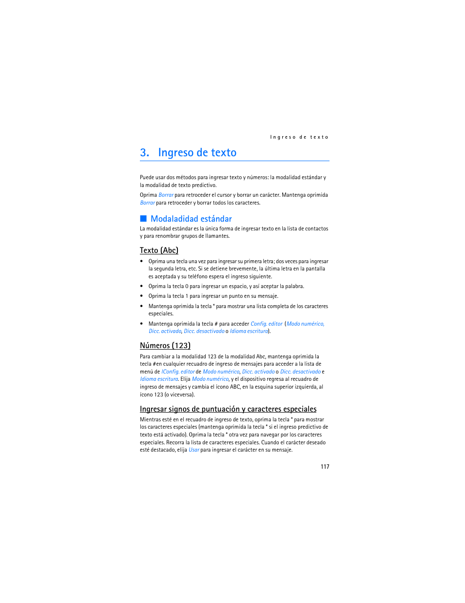 Ingreso de texto, Modaladidad estándar, Texto (abc) | Números (123) | Nokia 3155i User Manual | Page 118 / 201