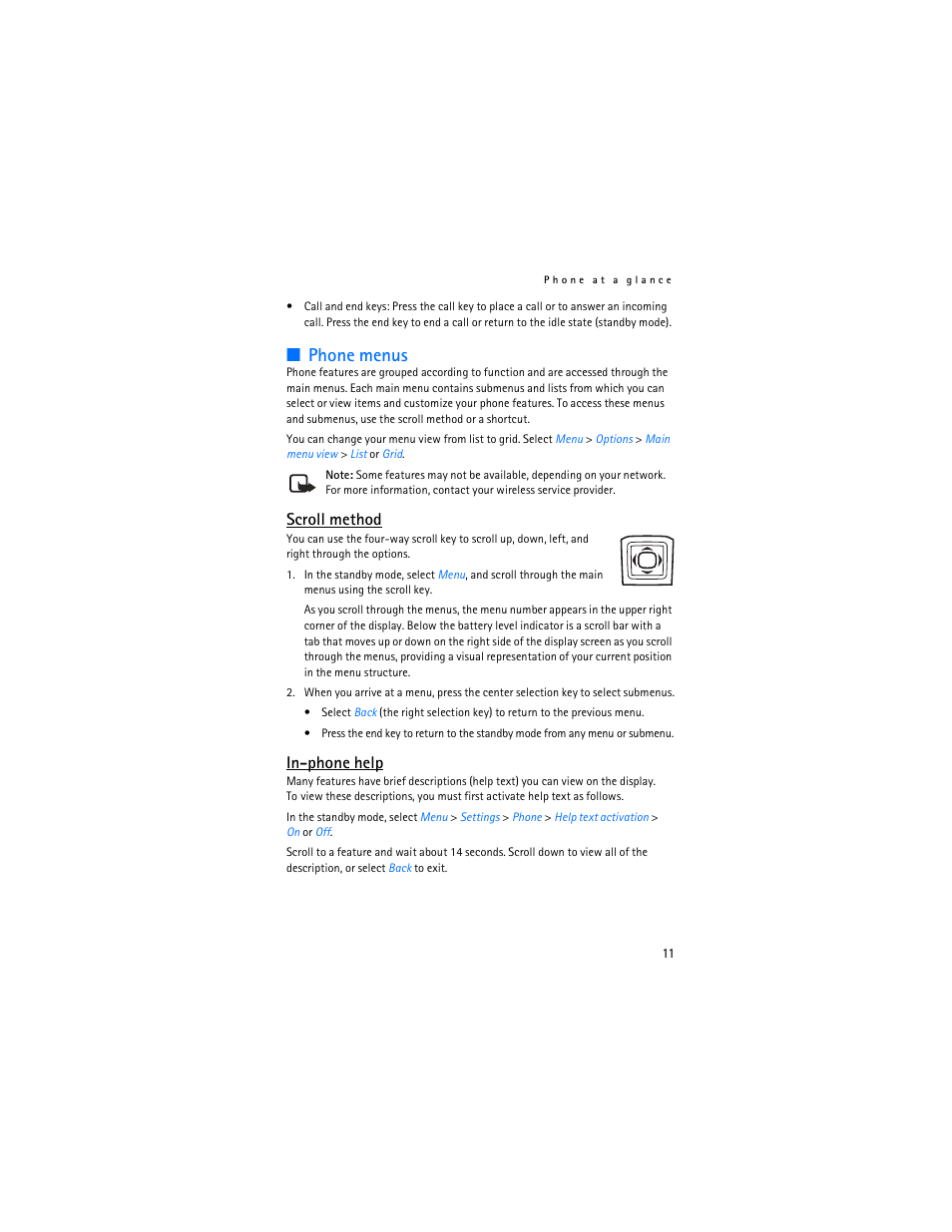 Phone menus, Scroll method, In-phone help | Nokia 3155i User Manual | Page 12 / 201