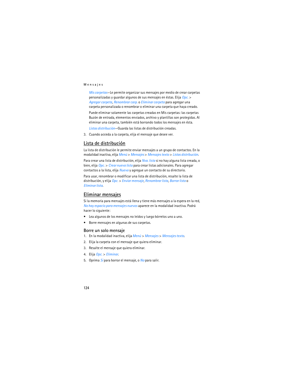 Lista de distribución, Eliminar mensajes | Nokia 3155i User Manual | Page 125 / 201