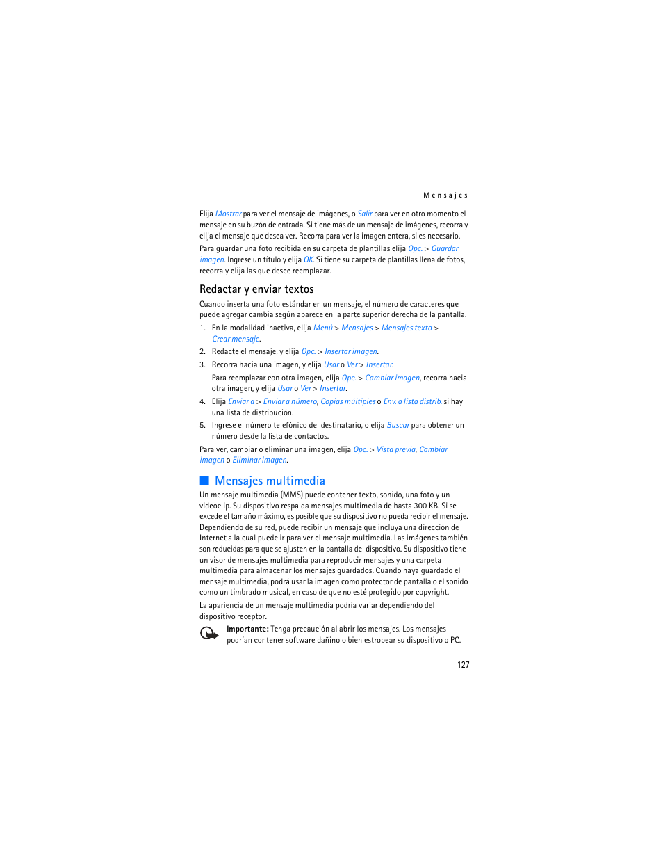 Mensajes multimedia, Redactar y enviar textos | Nokia 3155i User Manual | Page 128 / 201