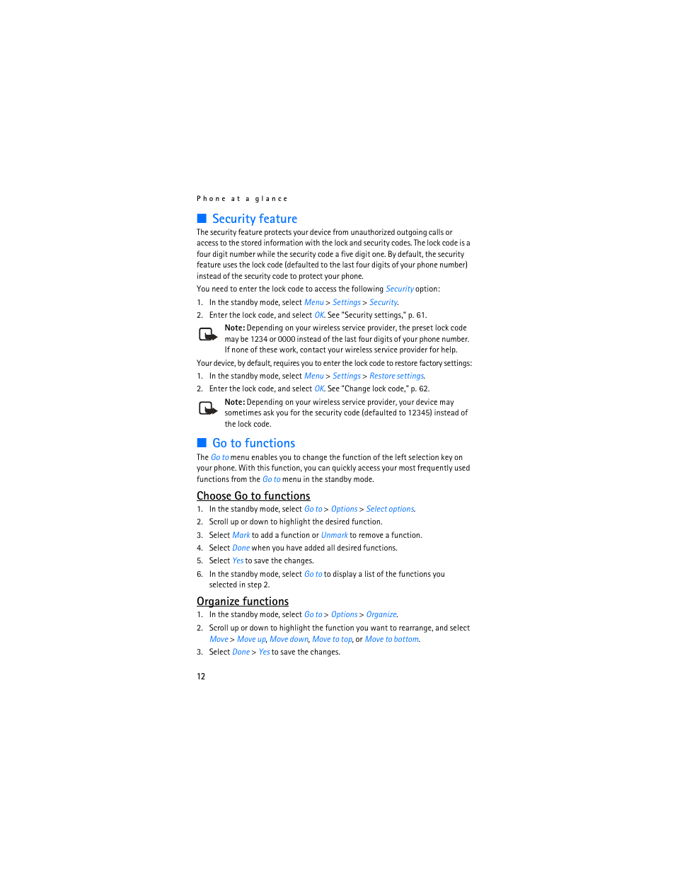 Security feature, Go to functions, Choose go to functions | Organize functions | Nokia 3155i User Manual | Page 13 / 201