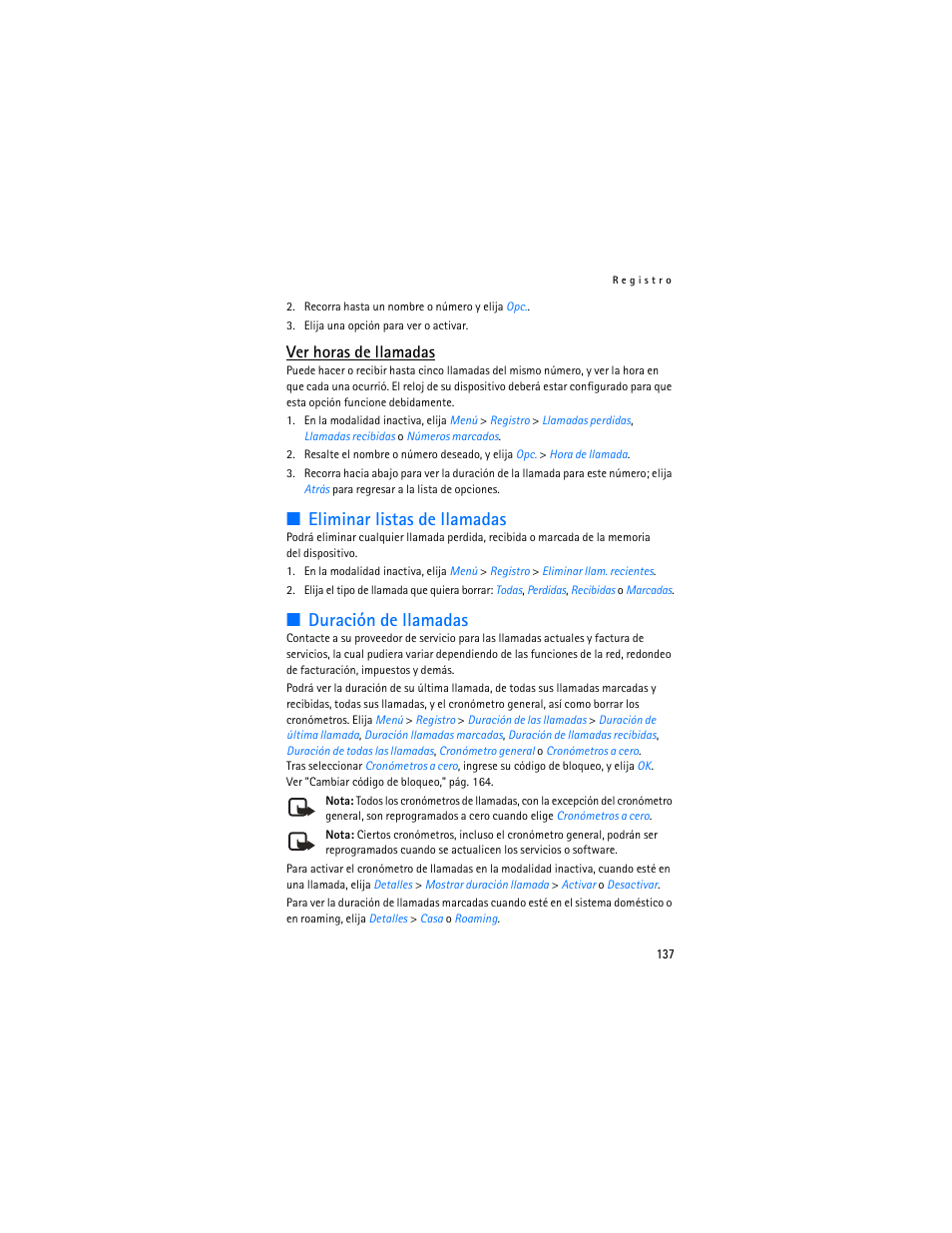 Eliminar listas de llamadas, Duración de llamadas, Ver horas de llamadas | Nokia 3155i User Manual | Page 138 / 201