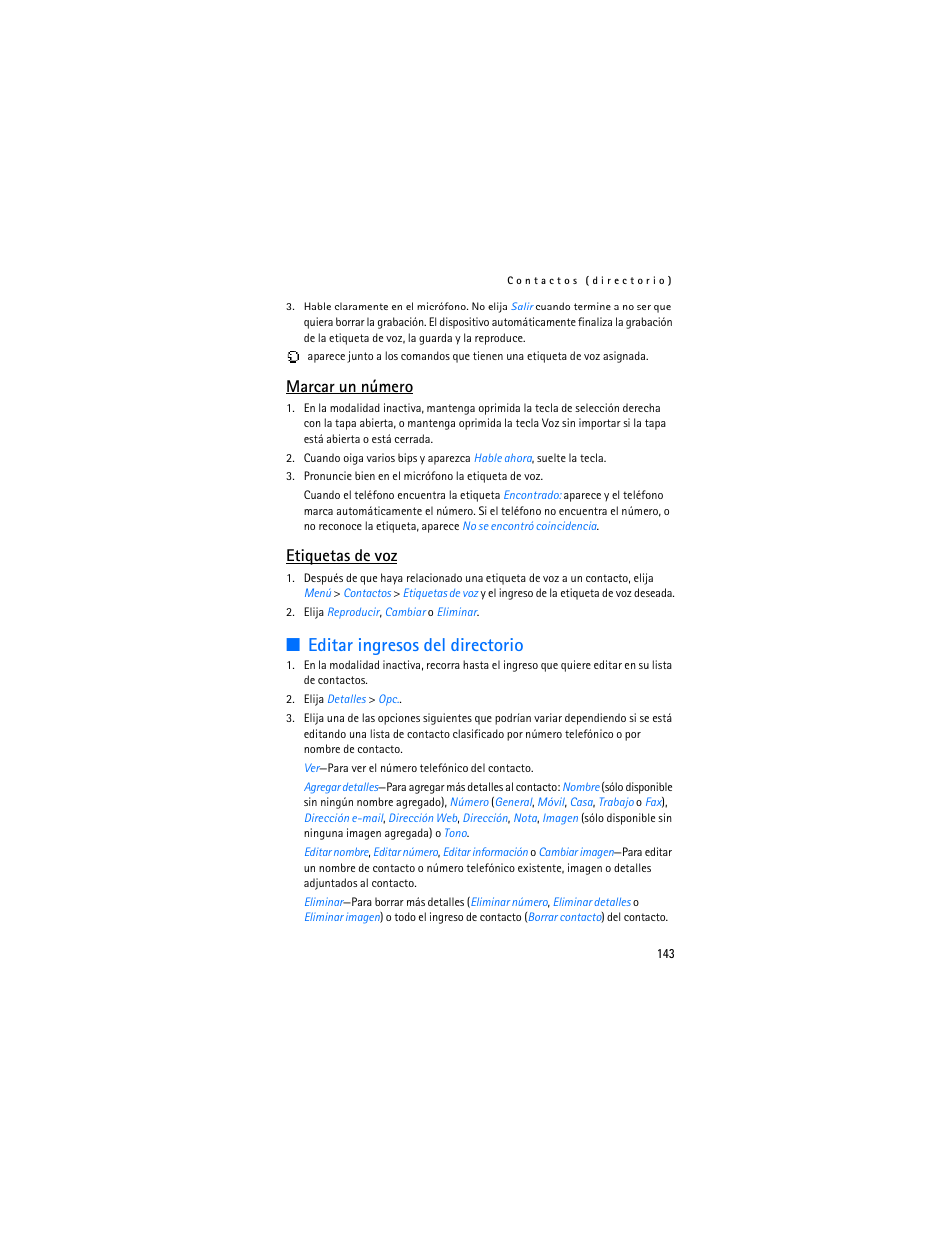 Editar ingresos del directorio, Marcar un número, Etiquetas de voz | Nokia 3155i User Manual | Page 144 / 201