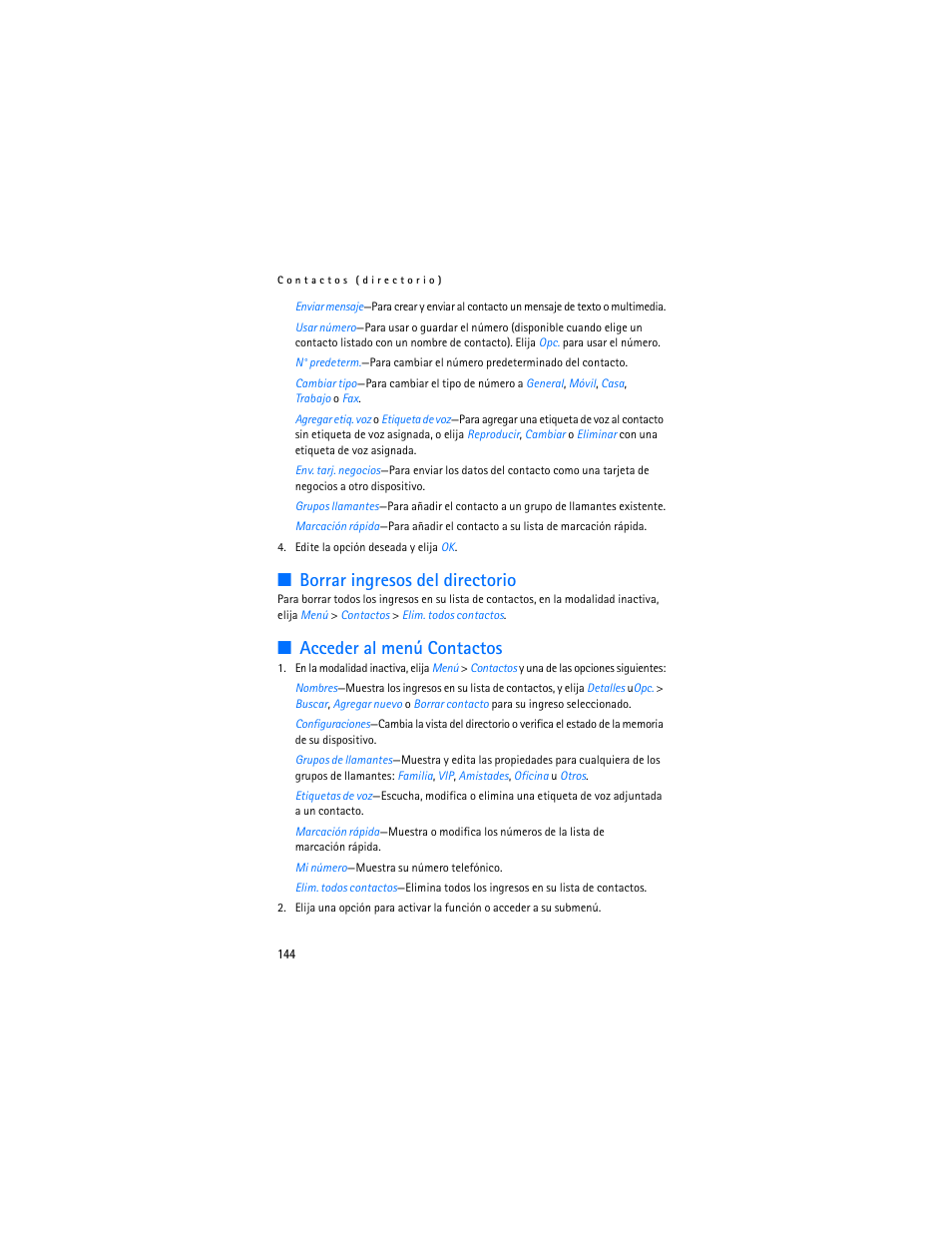 Borrar ingresos del directorio, Acceder al menú contactos | Nokia 3155i User Manual | Page 145 / 201