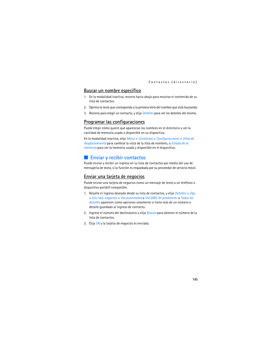 Enviar y recibir contactos, Buscar un nombre específico, Programar las configuraciones | Enviar una tarjeta de negocios | Nokia 3155i User Manual | Page 146 / 201