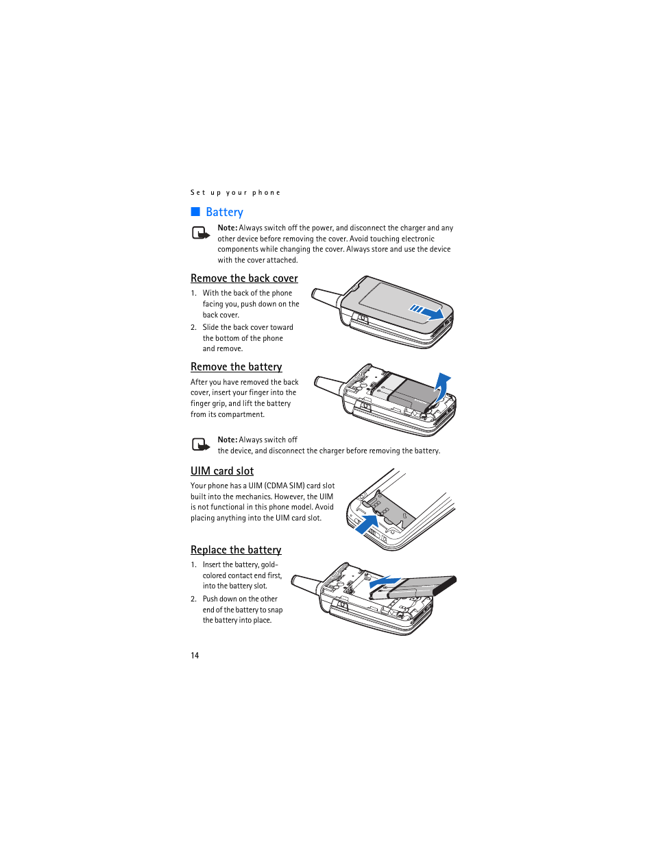 Battery, Remove the back cover, Remove the battery | Uim card slot, Replace the battery | Nokia 3155i User Manual | Page 15 / 201