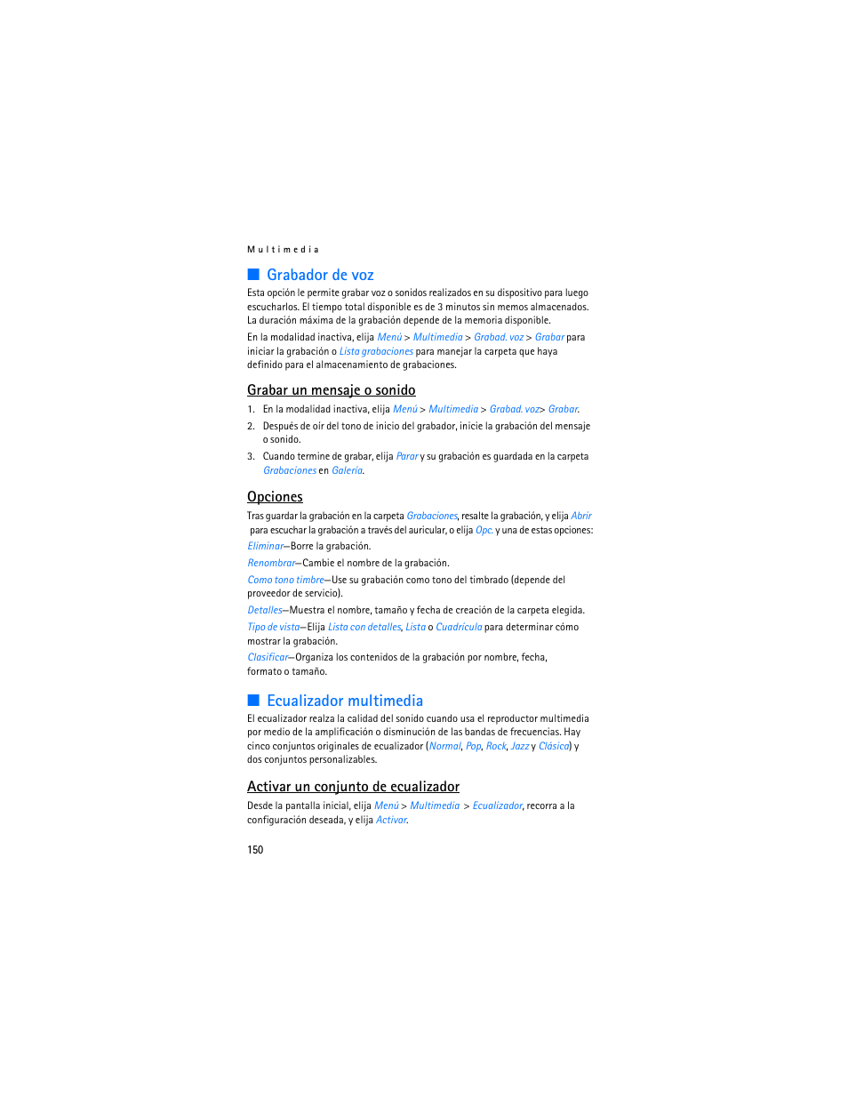 Grabador de voz, Ecualizador multimedia, Grabar un mensaje o sonido | Opciones, Activar un conjunto de ecualizador | Nokia 3155i User Manual | Page 151 / 201