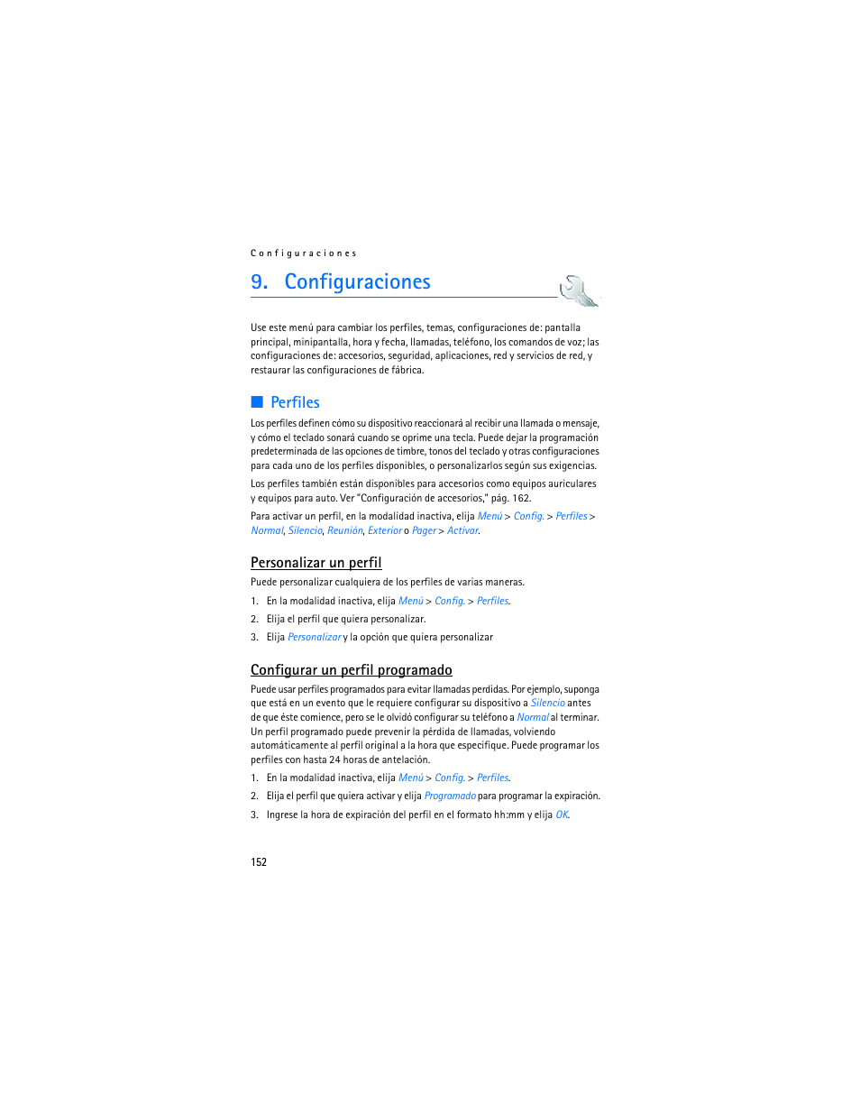 Configuraciones, R "perfiles," pág. 152, Perfiles," pág. 152 | Perfiles, Personalizar un perfil, Configurar un perfil programado | Nokia 3155i User Manual | Page 153 / 201