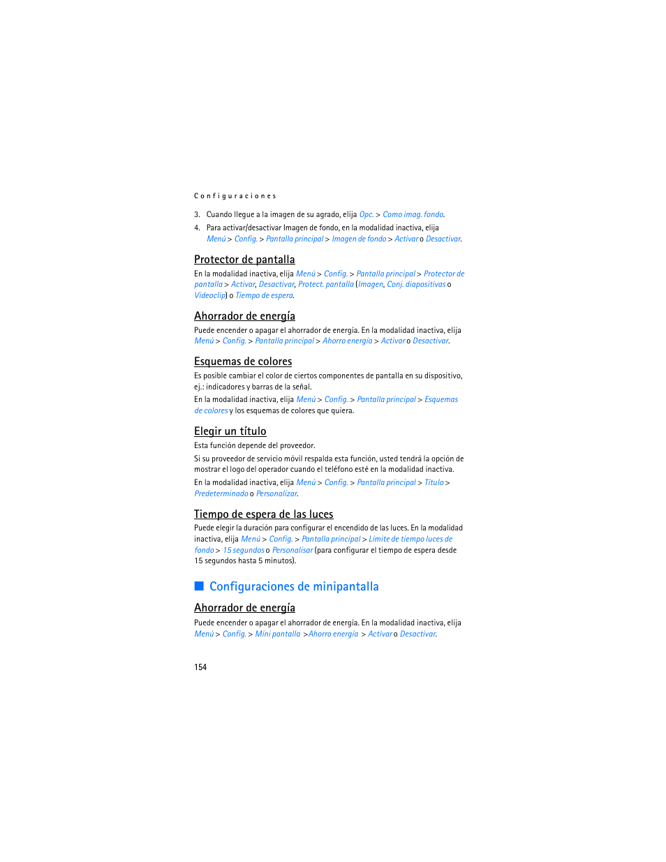 Configuraciones de minipantalla, Protector de pantalla, Ahorrador de energía | Esquemas de colores, Elegir un título, Tiempo de espera de las luces | Nokia 3155i User Manual | Page 155 / 201