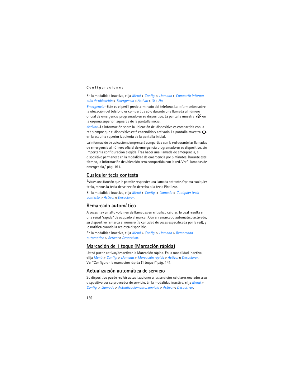 Cualquier tecla contesta, Remarcado automático, Marcación de 1 toque (marcación rápida) | Actualización automática de servicio | Nokia 3155i User Manual | Page 157 / 201