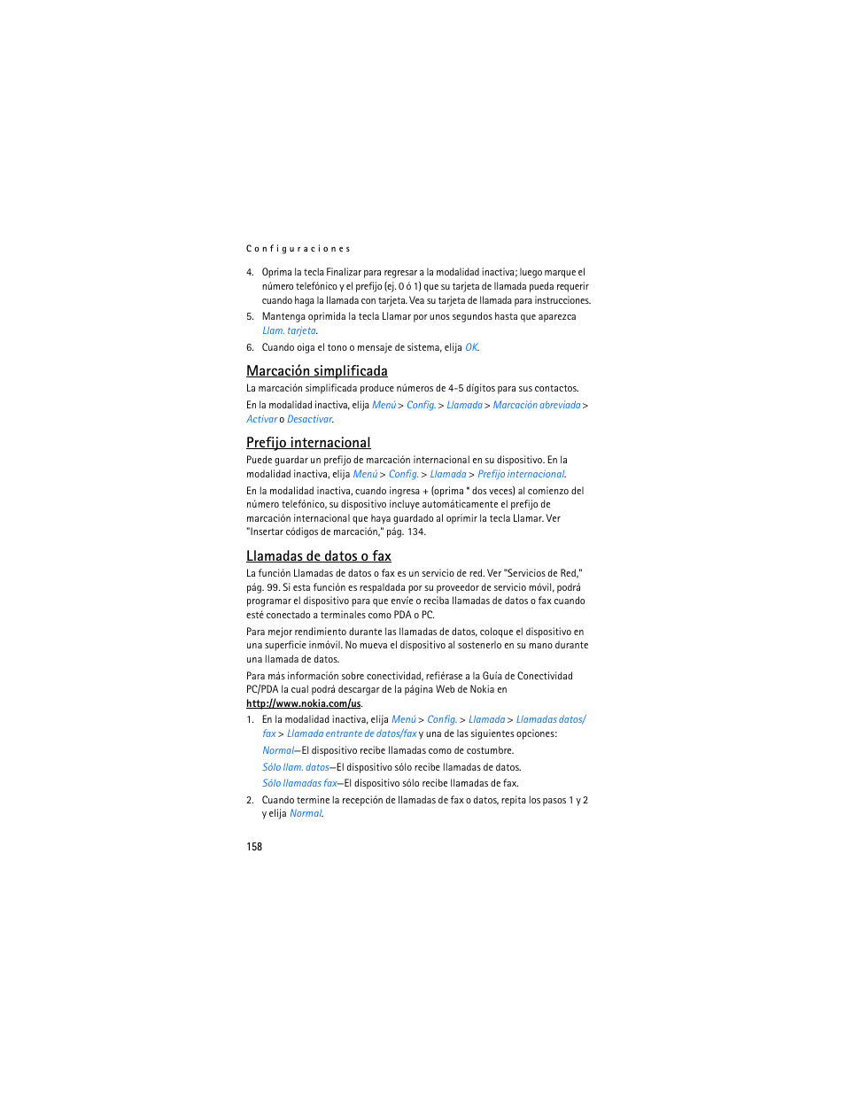 Marcación simplificada, Prefijo internacional, Llamadas de datos o fax | Nokia 3155i User Manual | Page 159 / 201