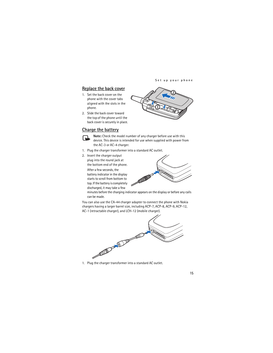 Replace the back cover, Charge the battery | Nokia 3155i User Manual | Page 16 / 201