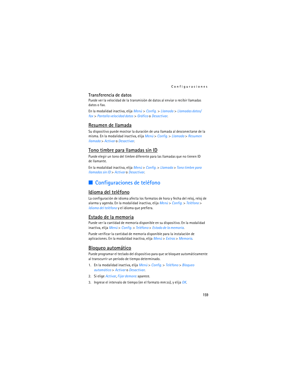 Configuraciones de teléfono, Resumen de llamada, Tono timbre para llamadas sin id | Idioma del teléfono, Bloqueo automático | Nokia 3155i User Manual | Page 160 / 201