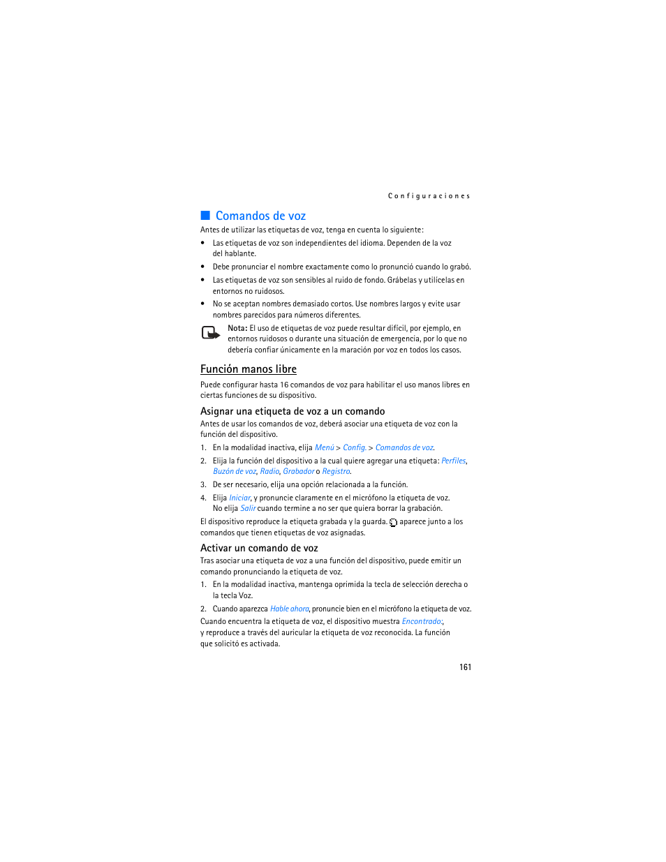 Comandos de voz, Función manos libre | Nokia 3155i User Manual | Page 162 / 201