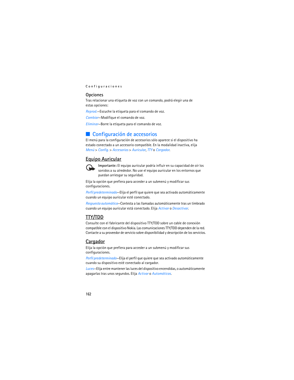 R "configuración de accesorios," pág. 162, Configuración de accesorios, Pág. 162 | Equipo auricular, Tty/tdd, Cargador | Nokia 3155i User Manual | Page 163 / 201