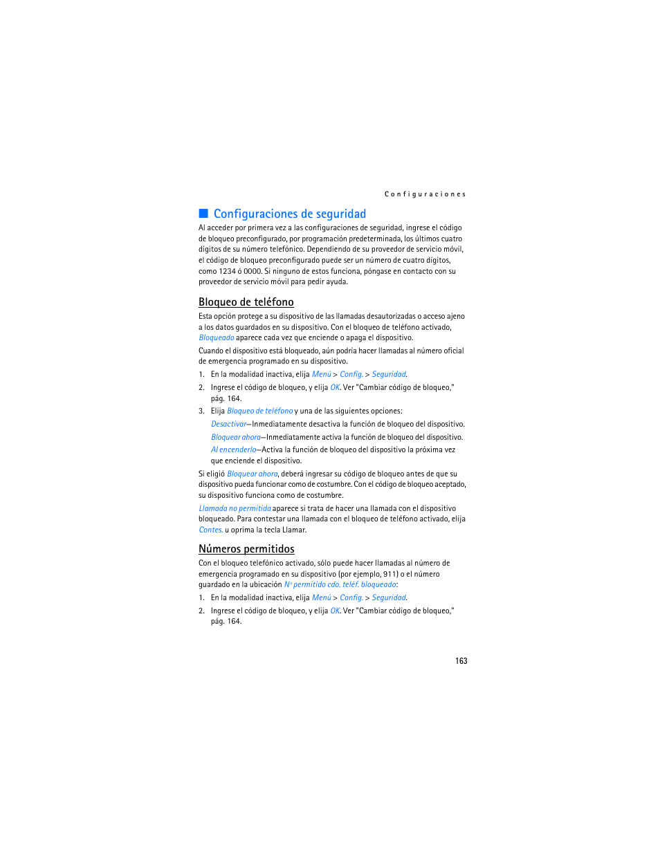 R "configuraciones de seguridad, Pág. 163, Configuraciones de seguridad | Bloqueo de teléfono, Números permitidos | Nokia 3155i User Manual | Page 164 / 201