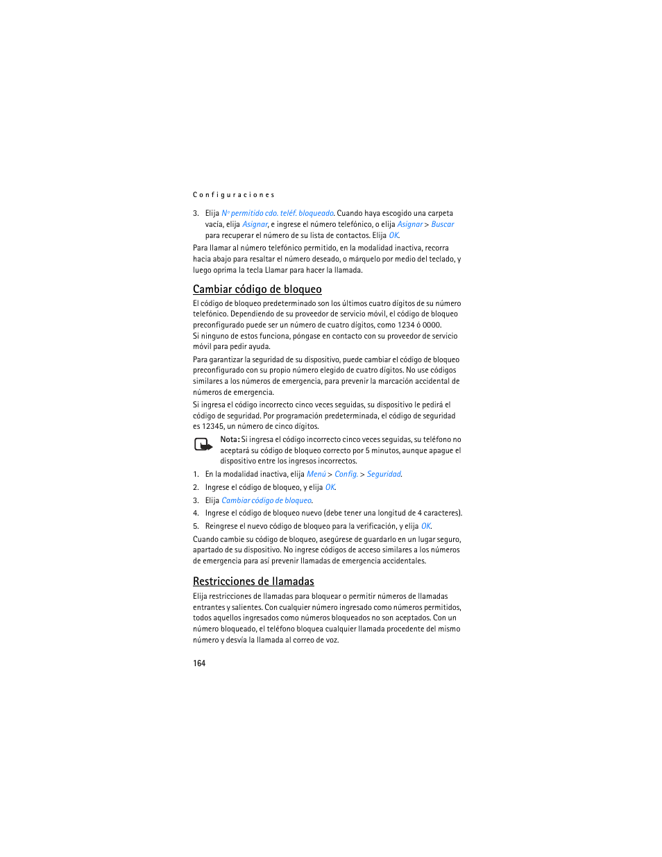 R "cambiar código de bloqueo, Pág. 164, Cambiar código de bloqueo | Pбg. 164, Restricciones de llamadas | Nokia 3155i User Manual | Page 165 / 201