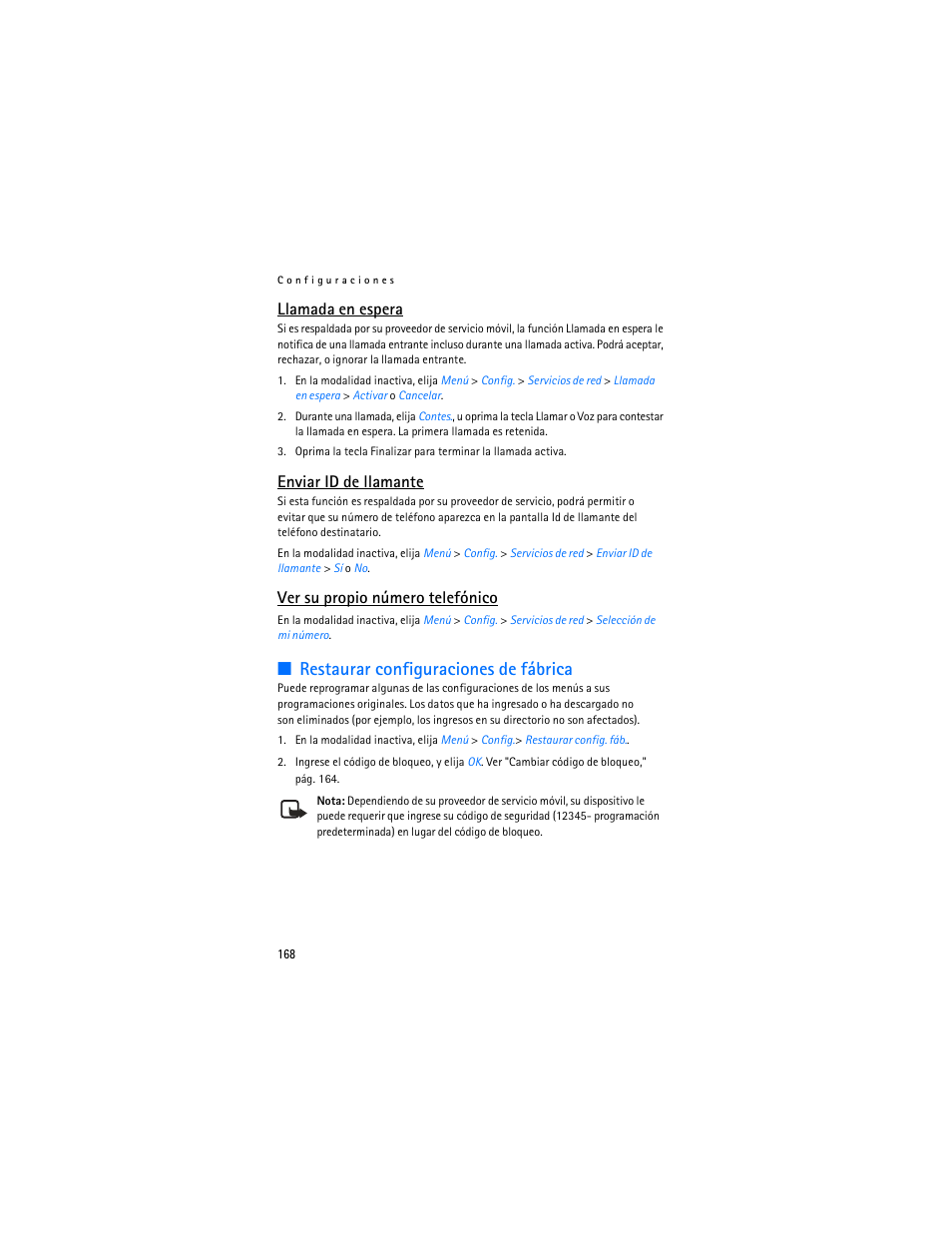 Restaurar configuraciones de fábrica, Llamada en espera, Enviar id de llamante | Ver su propio número telefónico | Nokia 3155i User Manual | Page 169 / 201
