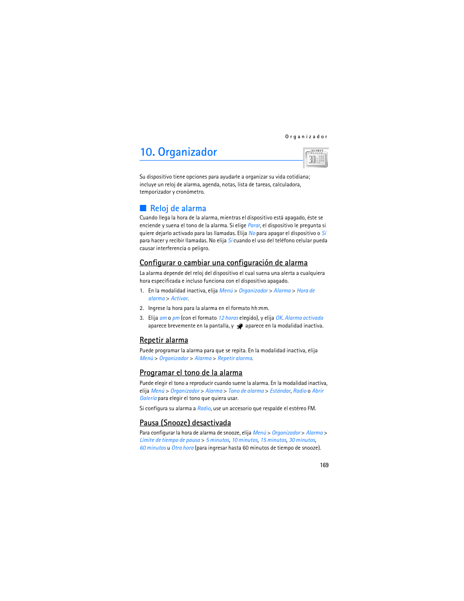 Organizador, Reloj de alarma, Pág. 169 | Configurar o cambiar una configuración de alarma, Repetir alarma, Programar el tono de la alarma, Pausa (snooze) desactivada | Nokia 3155i User Manual | Page 170 / 201
