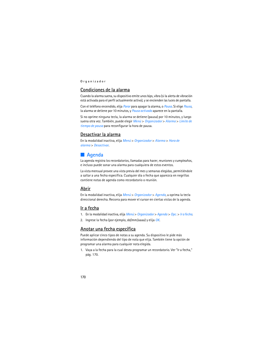 Agenda, Condiciones de la alarma, Desactivar la alarma | Abrir, Ir a fecha, Anotar una fecha específica | Nokia 3155i User Manual | Page 171 / 201