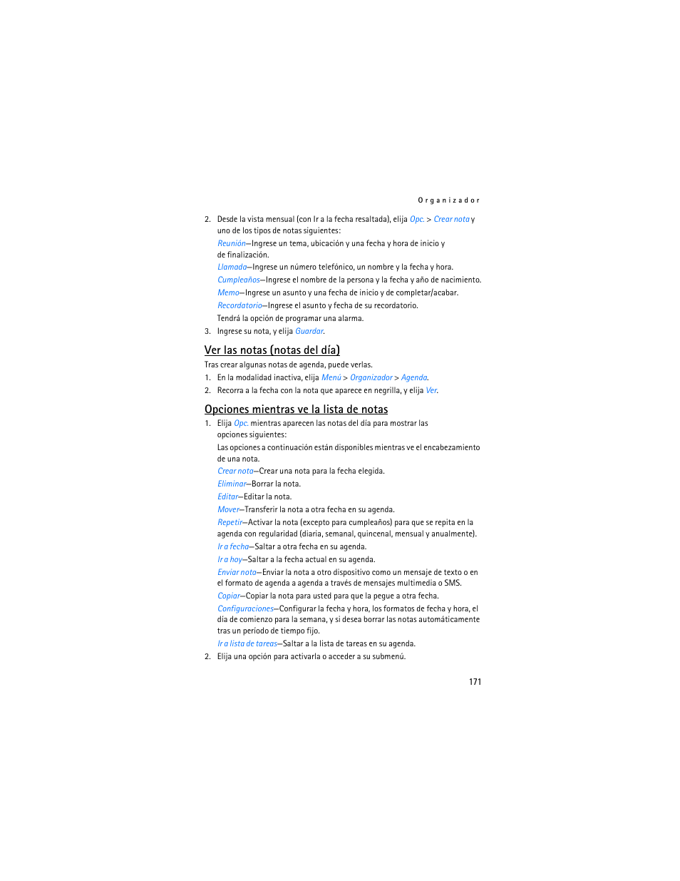 Ver las notas (notas del día), Opciones mientras ve la lista de notas | Nokia 3155i User Manual | Page 172 / 201