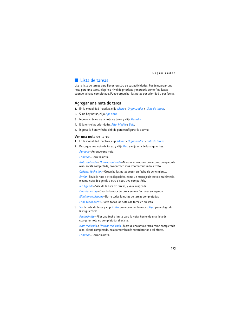 Lista de tareas, Agregar una nota de tarea | Nokia 3155i User Manual | Page 174 / 201