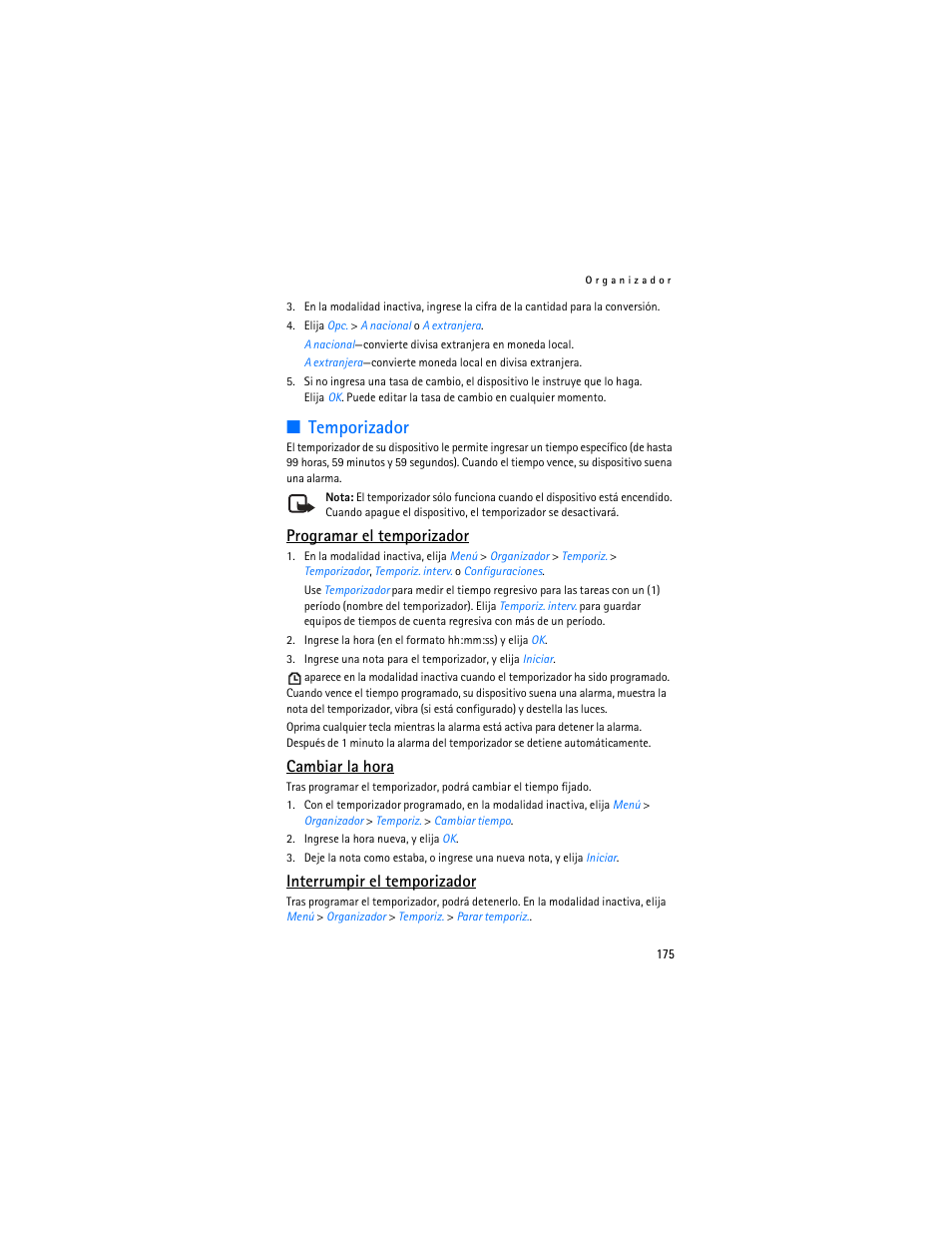 Temporizador, Programar el temporizador, Cambiar la hora | Interrumpir el temporizador | Nokia 3155i User Manual | Page 176 / 201