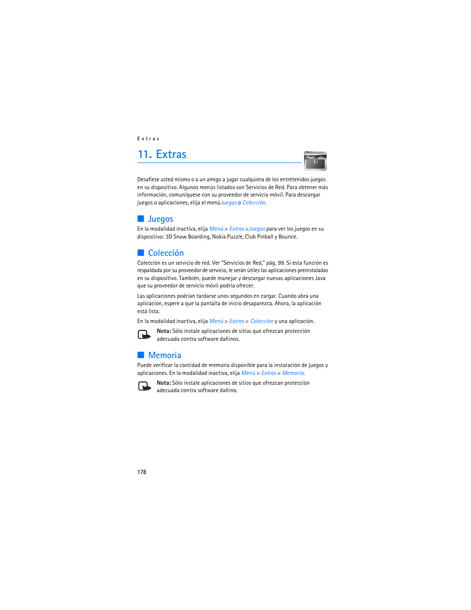 Extras, Juegos, Colección | Nokia 3155i User Manual | Page 179 / 201