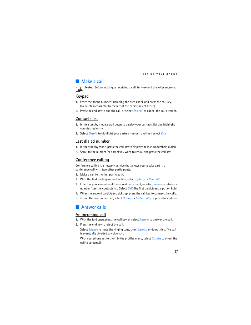Make a call, Answer calls, Keypad | Contacts list, Last dialed number, Conference calling, An incoming call | Nokia 3155i User Manual | Page 18 / 201
