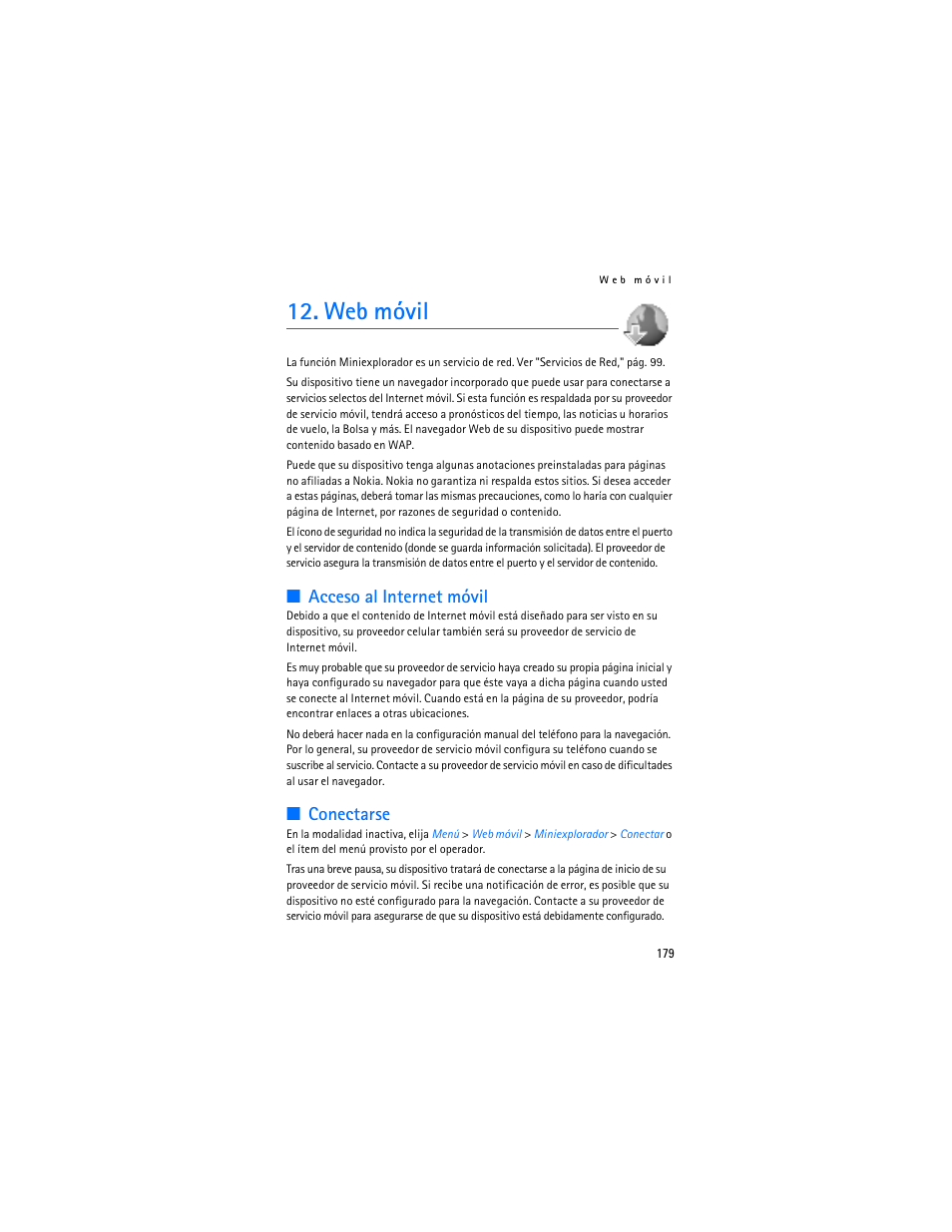 Web móvil, Acceso al internet móvil, Conectarse | Nokia 3155i User Manual | Page 180 / 201