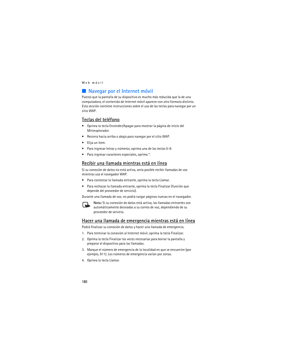 Navegar por el internet móvil, Teclas del teléfono, Recibir una llamada mientras está en línea | Nokia 3155i User Manual | Page 181 / 201