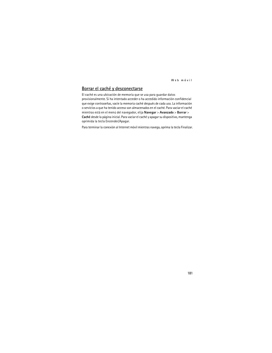Borrar el caché y desconectarse | Nokia 3155i User Manual | Page 182 / 201
