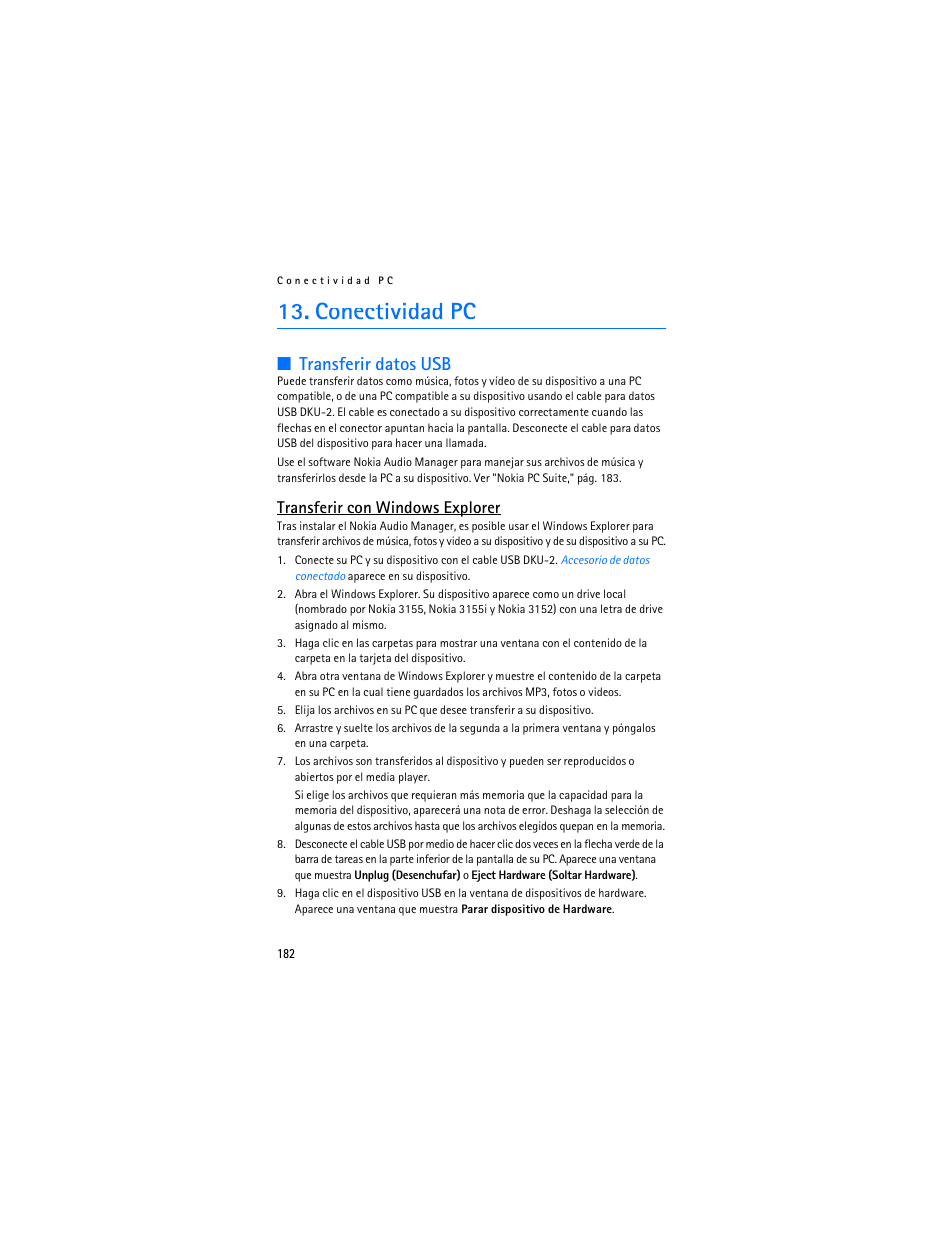 Conectividad pc, Transferir datos usb, Transferir con windows explorer | Nokia 3155i User Manual | Page 183 / 201