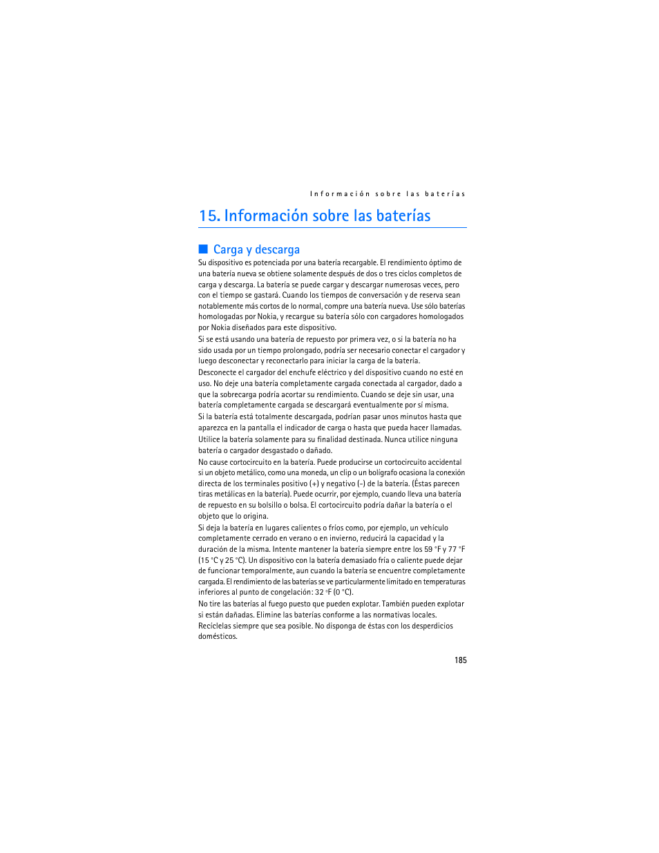 Información sobre las baterías, Carga y descarga | Nokia 3155i User Manual | Page 186 / 201