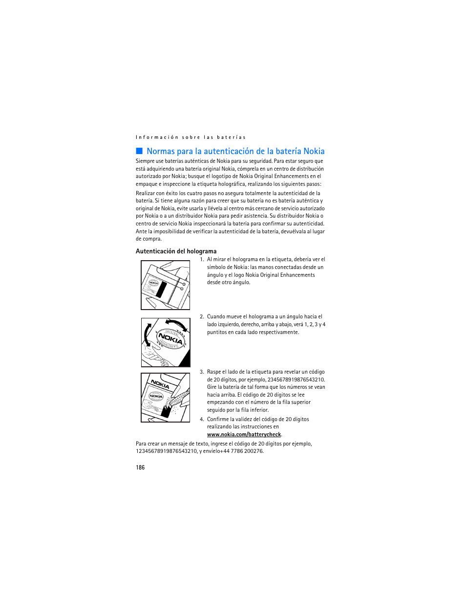 Normas para la autenticación de la batería nokia | Nokia 3155i User Manual | Page 187 / 201