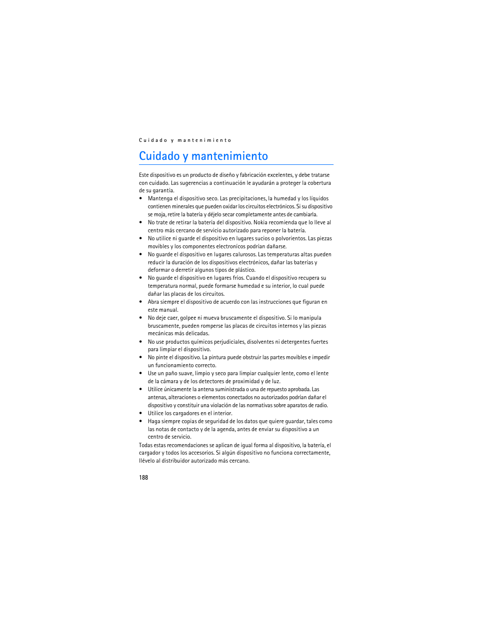 Cuidado y mantenimiento | Nokia 3155i User Manual | Page 189 / 201