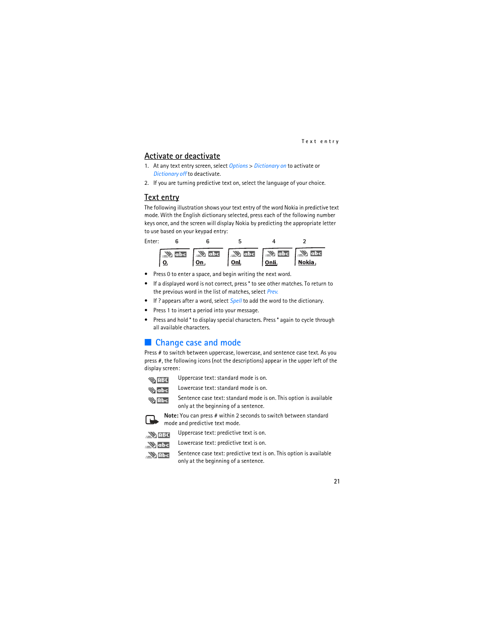 Change case and mode, Activate or deactivate, Text entry | Nokia 3155i User Manual | Page 22 / 201
