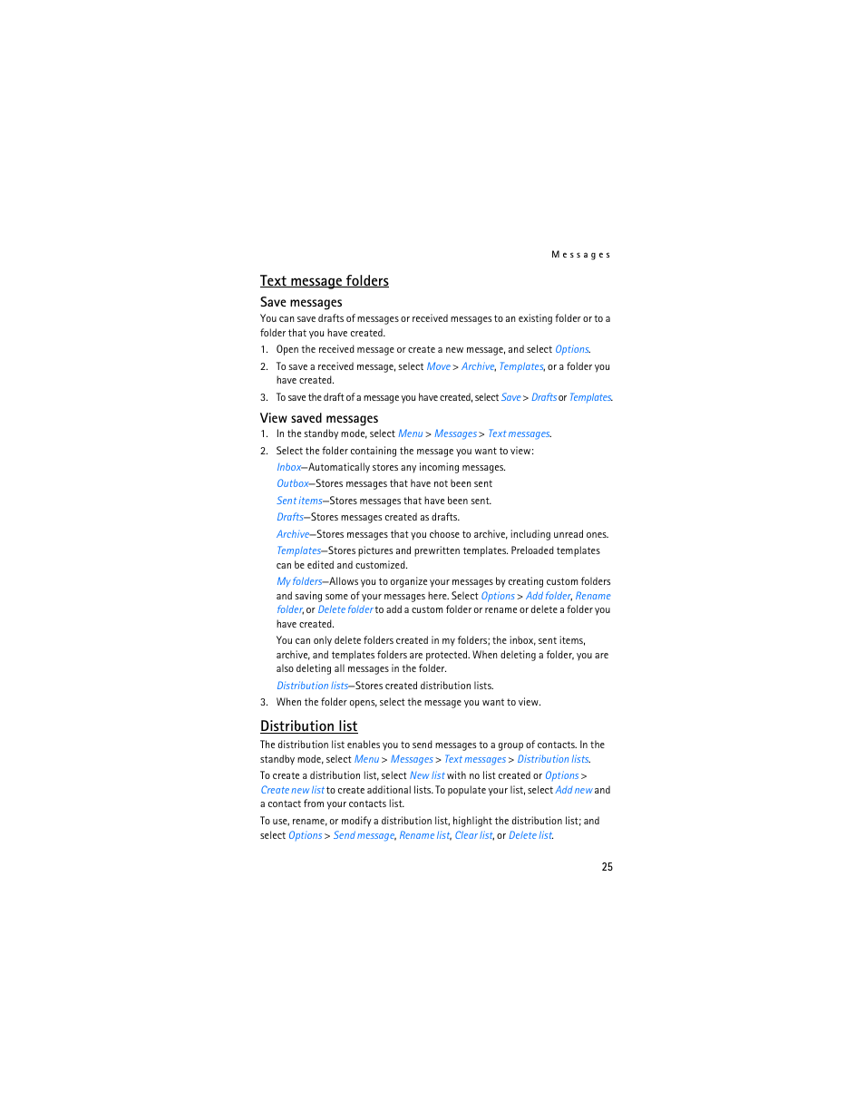 Text message folders, Distribution list | Nokia 3155i User Manual | Page 26 / 201