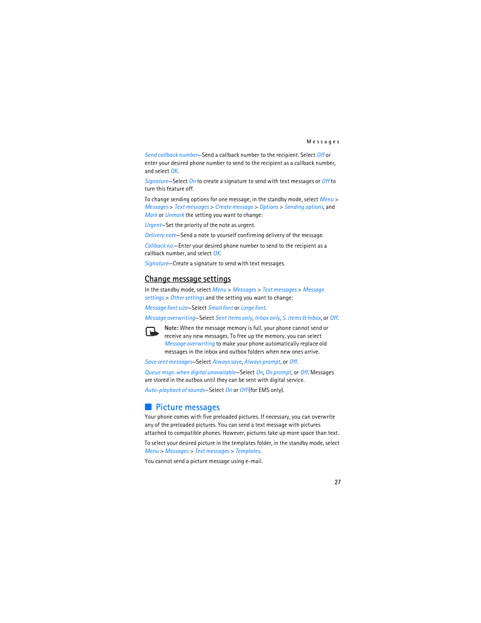 Picture messages, Change message settings | Nokia 3155i User Manual | Page 28 / 201