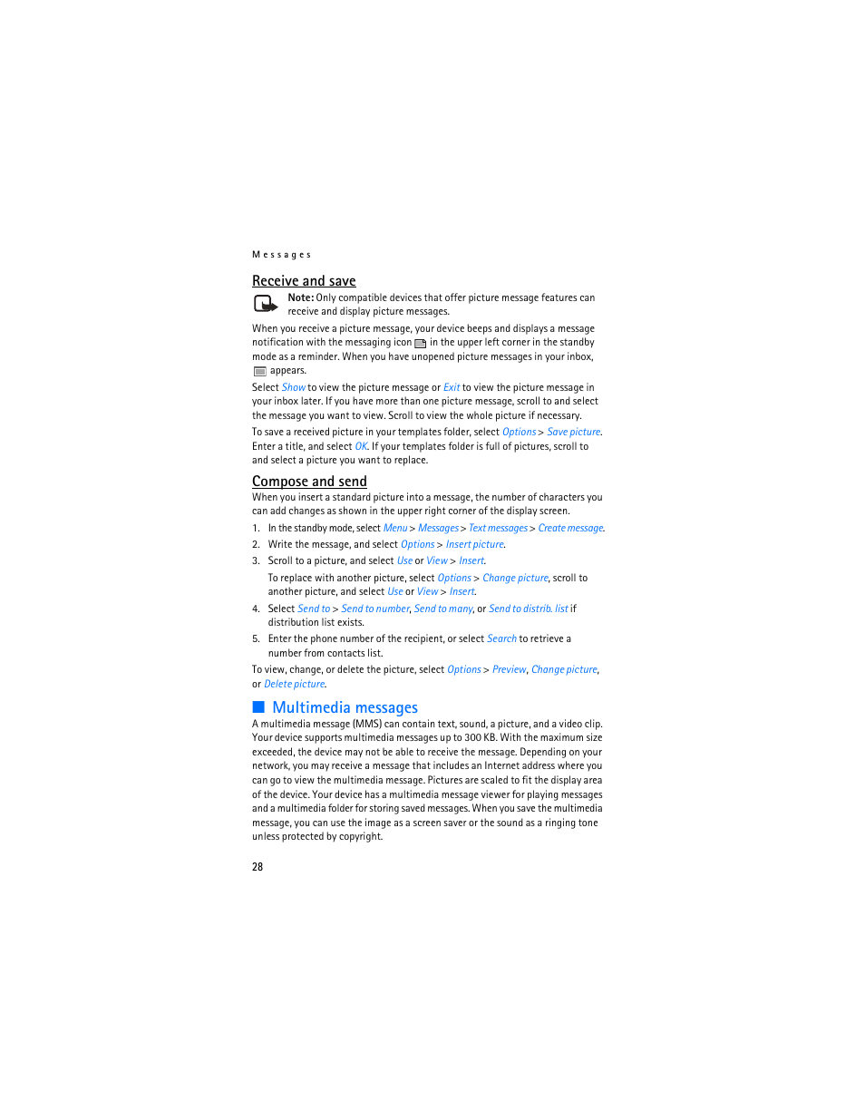 Multimedia messages, Receive and save, Compose and send | Nokia 3155i User Manual | Page 29 / 201