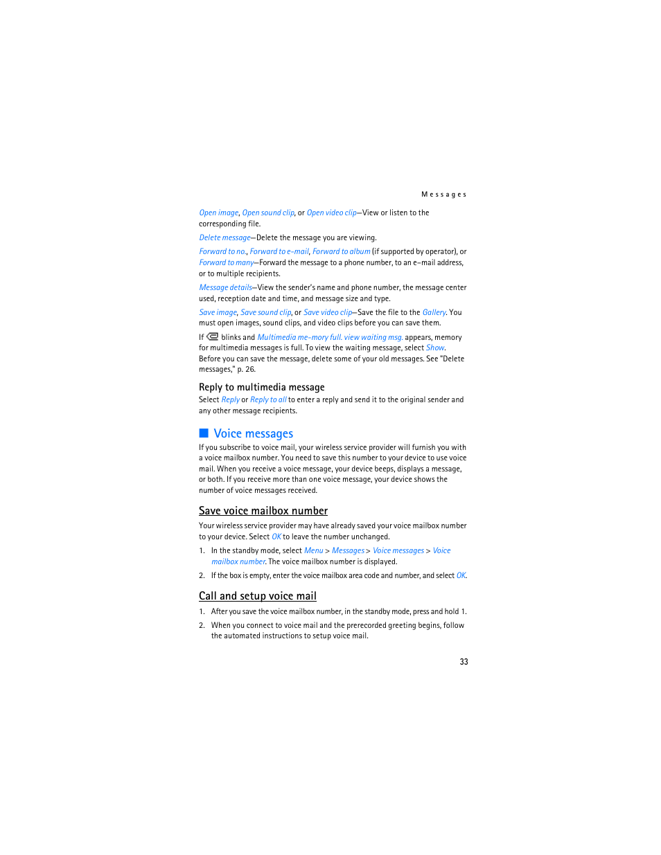 Voice messages, P. 33, Save voice mailbox number | Call and setup voice mail | Nokia 3155i User Manual | Page 34 / 201