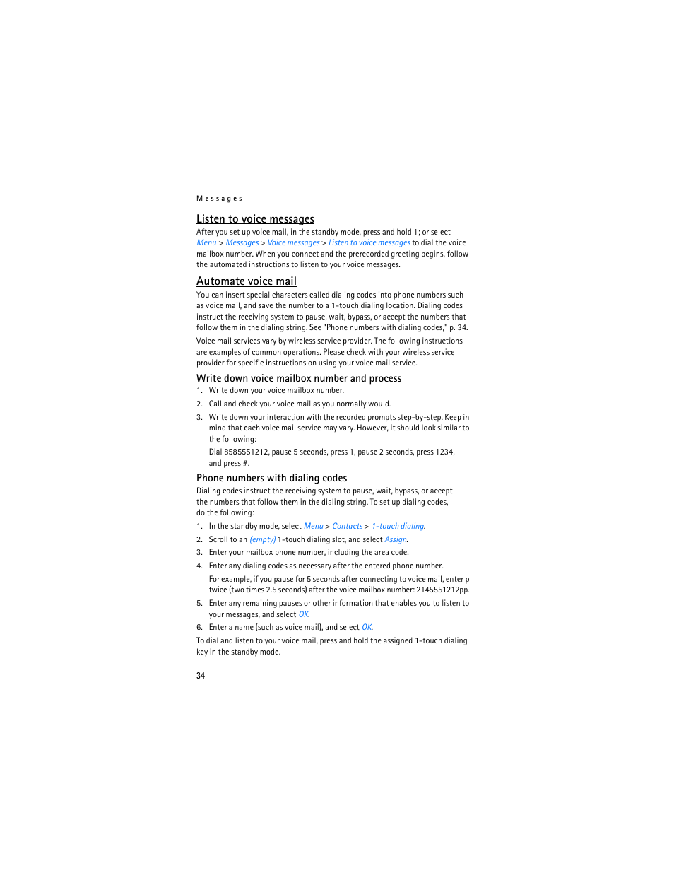Listen to voice messages, Automate voice mail | Nokia 3155i User Manual | Page 35 / 201