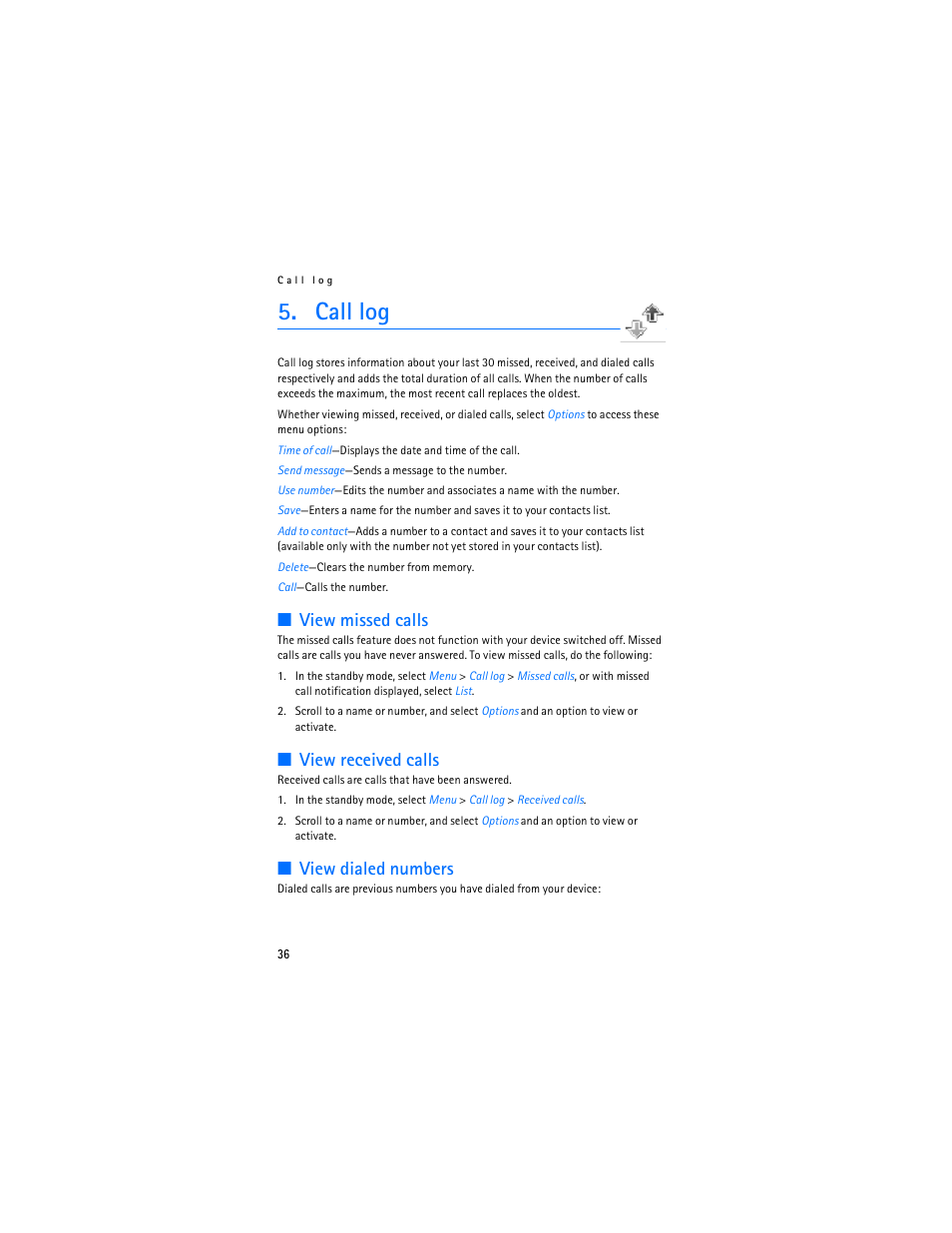 Call log, View missed calls, View received calls | View dialed numbers | Nokia 3155i User Manual | Page 37 / 201