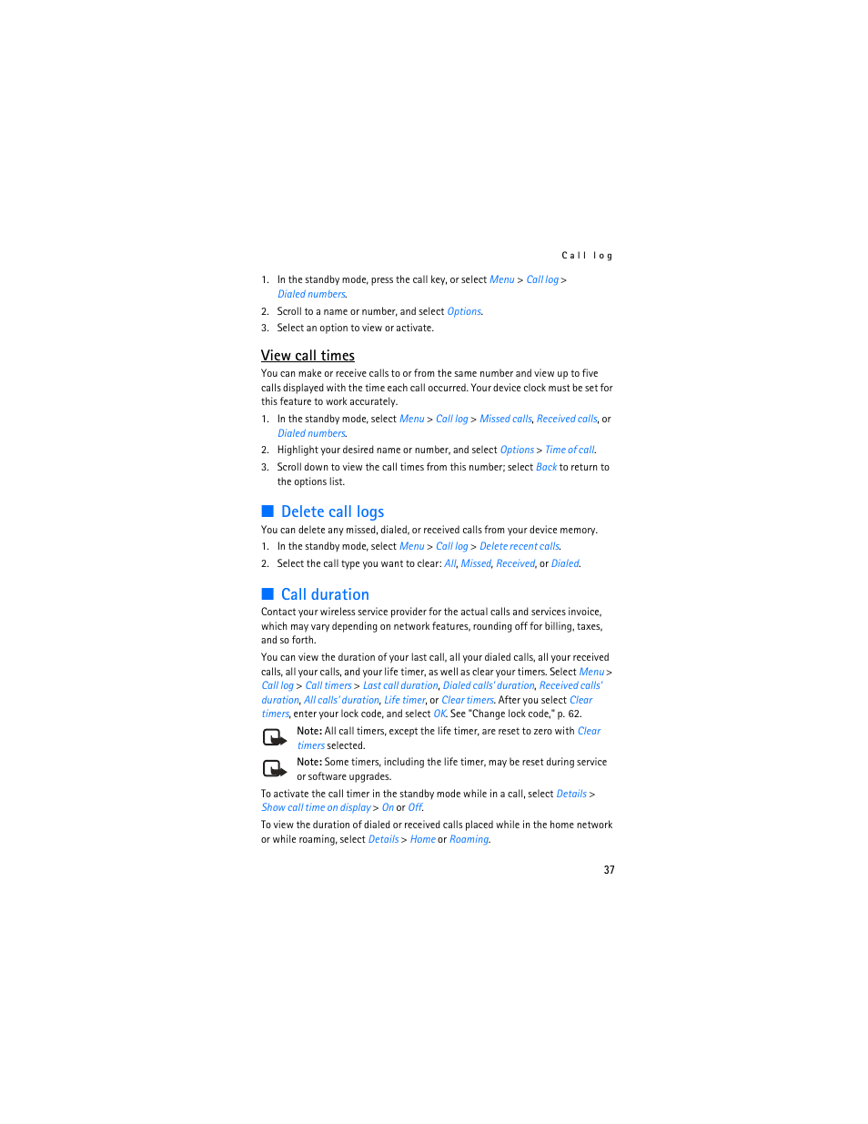 Delete call logs, Call duration, View call times | Nokia 3155i User Manual | Page 38 / 201