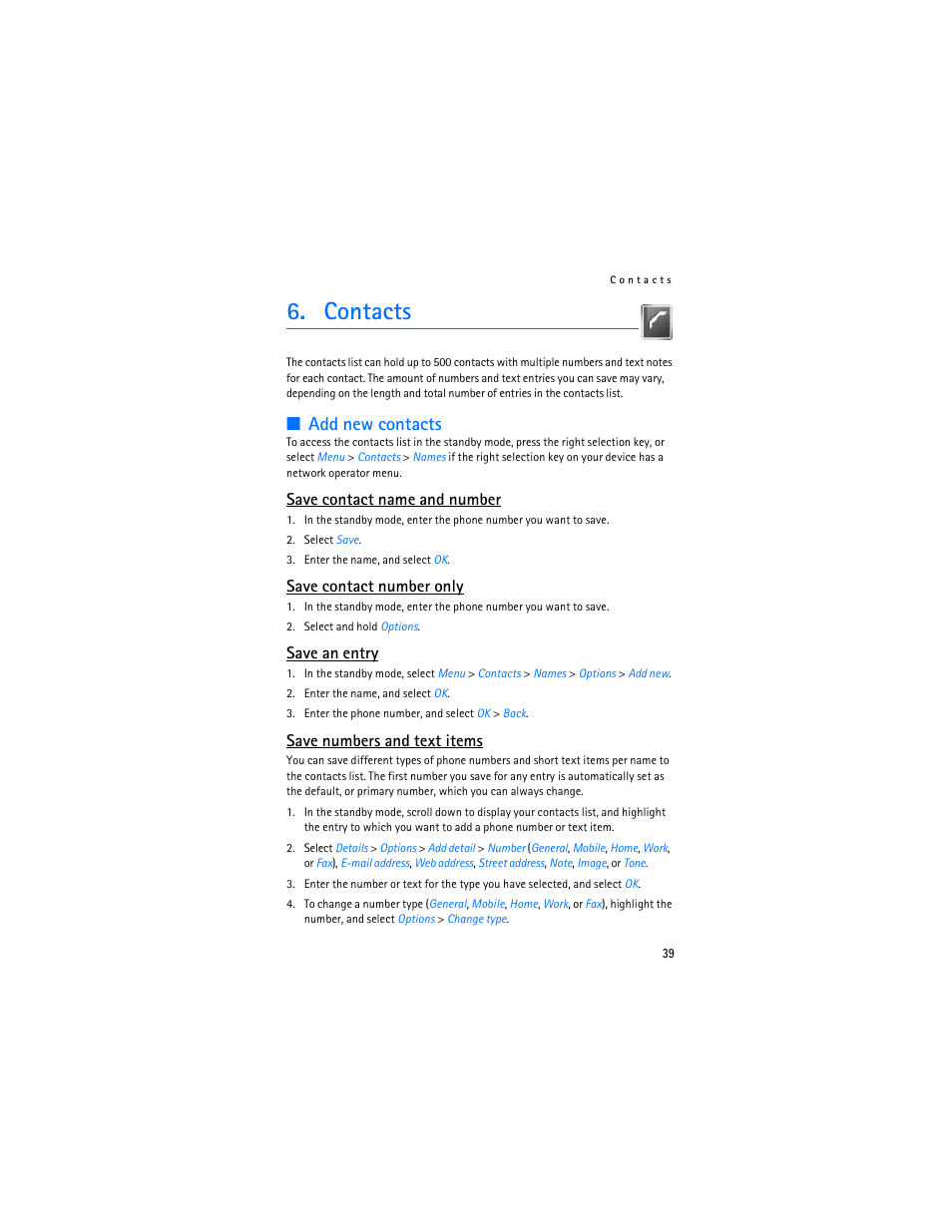 Contacts, Add new contacts, Save contact name and number | Save contact number only, Save an entry, Save numbers and text items | Nokia 3155i User Manual | Page 40 / 201