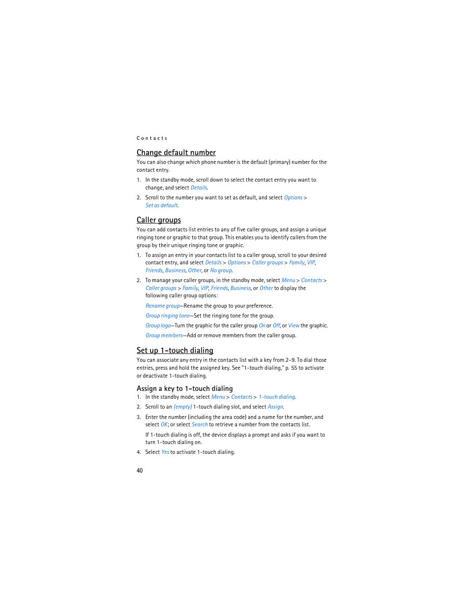 Change default number, Caller groups, Set up 1-touch dialing | Nokia 3155i User Manual | Page 41 / 201