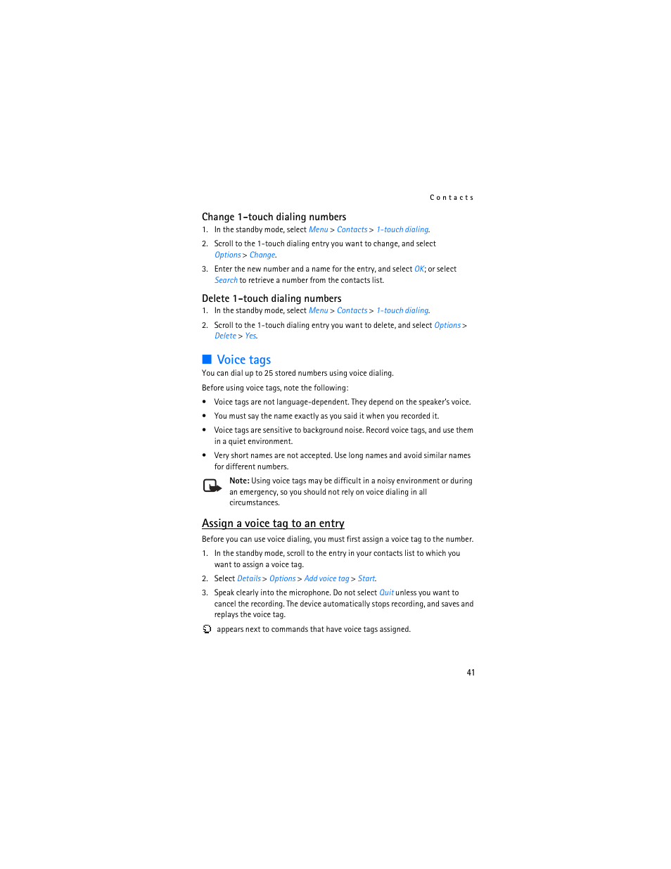 Voice tags, Assign a voice tag to an entry | Nokia 3155i User Manual | Page 42 / 201