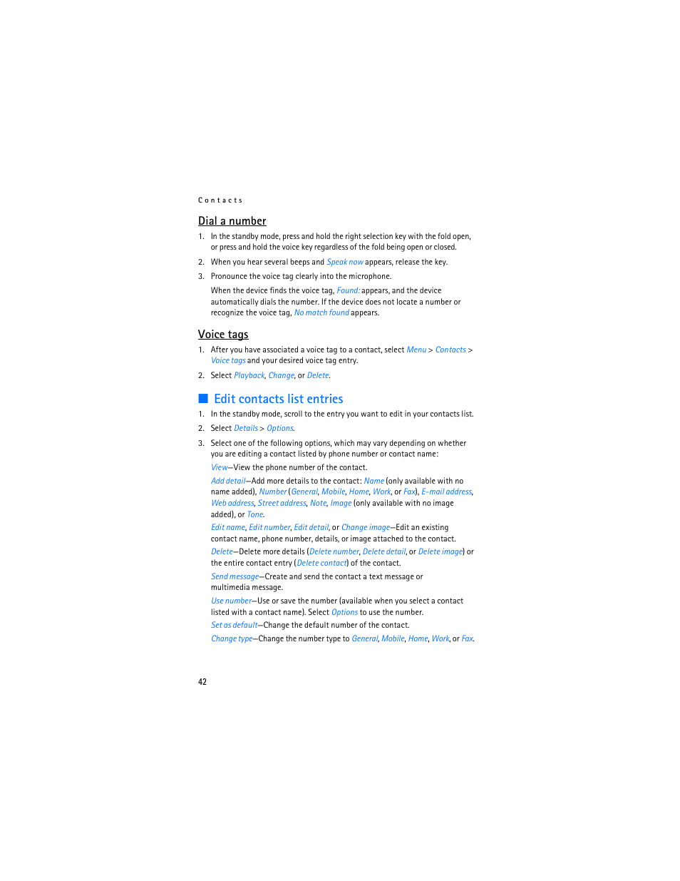 Edit contacts list entries, Dial a number, Voice tags | Nokia 3155i User Manual | Page 43 / 201