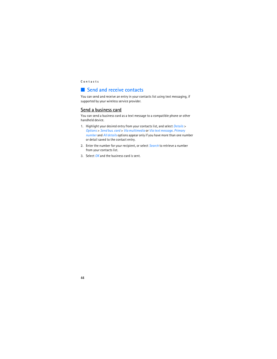 Send and receive contacts, Send a business card | Nokia 3155i User Manual | Page 45 / 201
